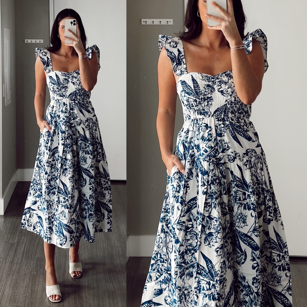 Abercrombie & Fitch Ruffle Strap Smocked Midi Dress